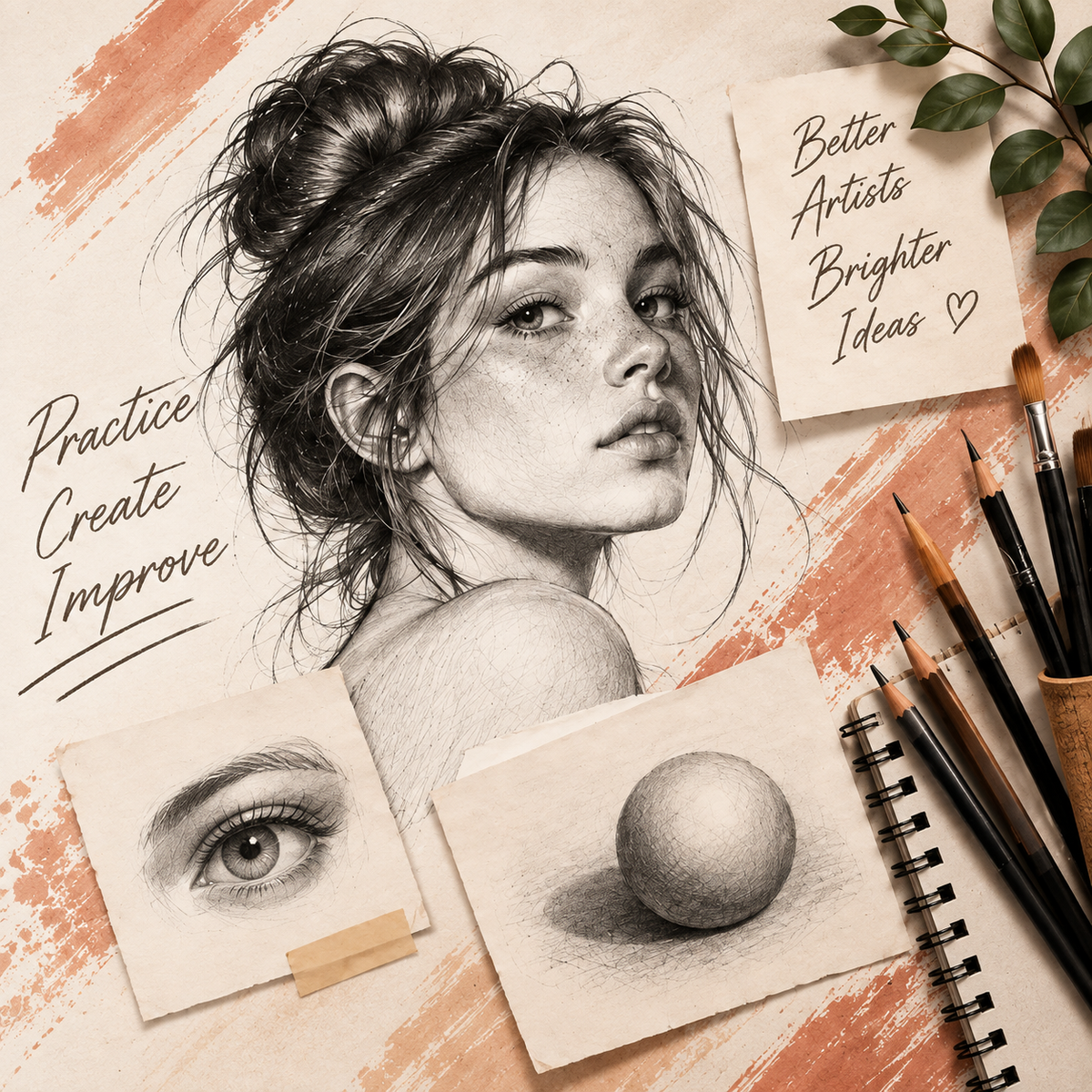 Art guides and creative sketching desk illustration